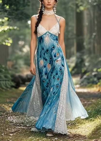 Bohemian Peacock Blue Print Patchwork Exra Large Hem Chiffon Sundress Summer