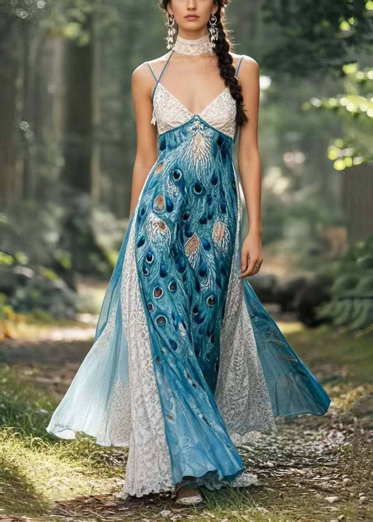 Bohemian Peacock Blue Print Patchwork Exra Large Hem Chiffon Sundress Summer