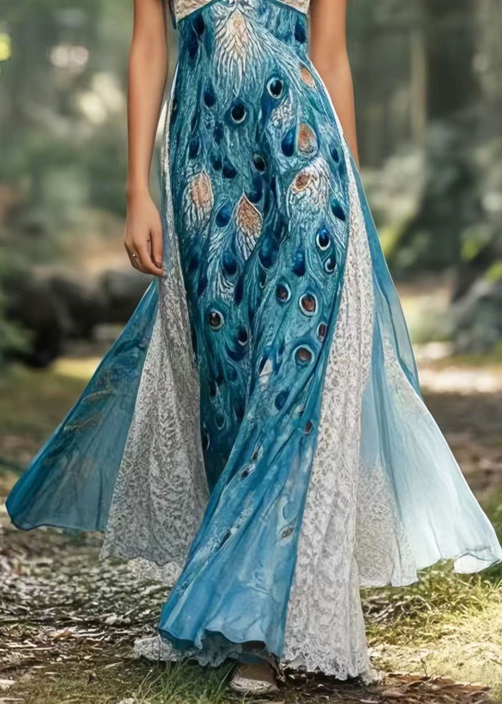 Bohemian Peacock Blue Print Patchwork Exra Large Hem Chiffon Sundress Summer