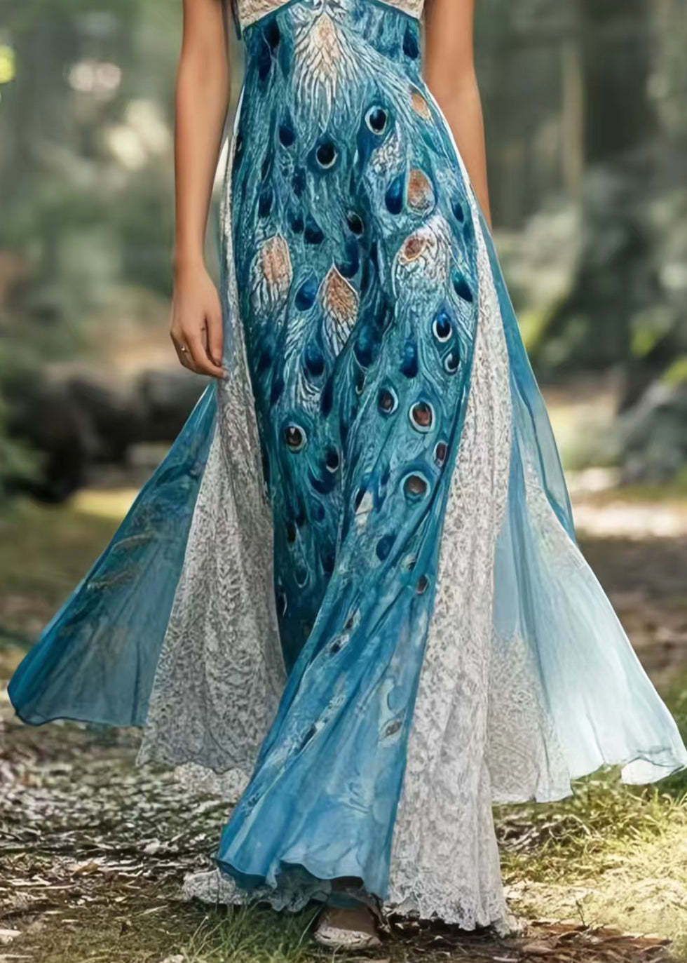 Bohemian Peacock Blue Print Patchwork Exra Large Hem Chiffon Sundress Summer