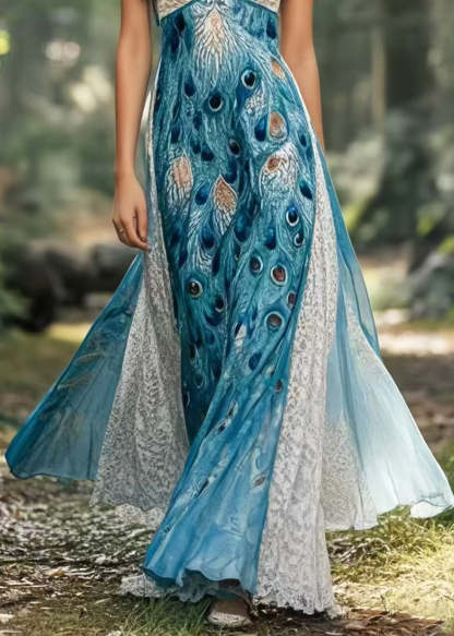 Bohemian Peacock Blue Print Patchwork Exra Large Hem Chiffon Sundress Summer