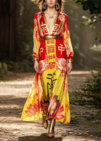 Bohemian Red Cinched Print Chiffon Holiday Dress Spring