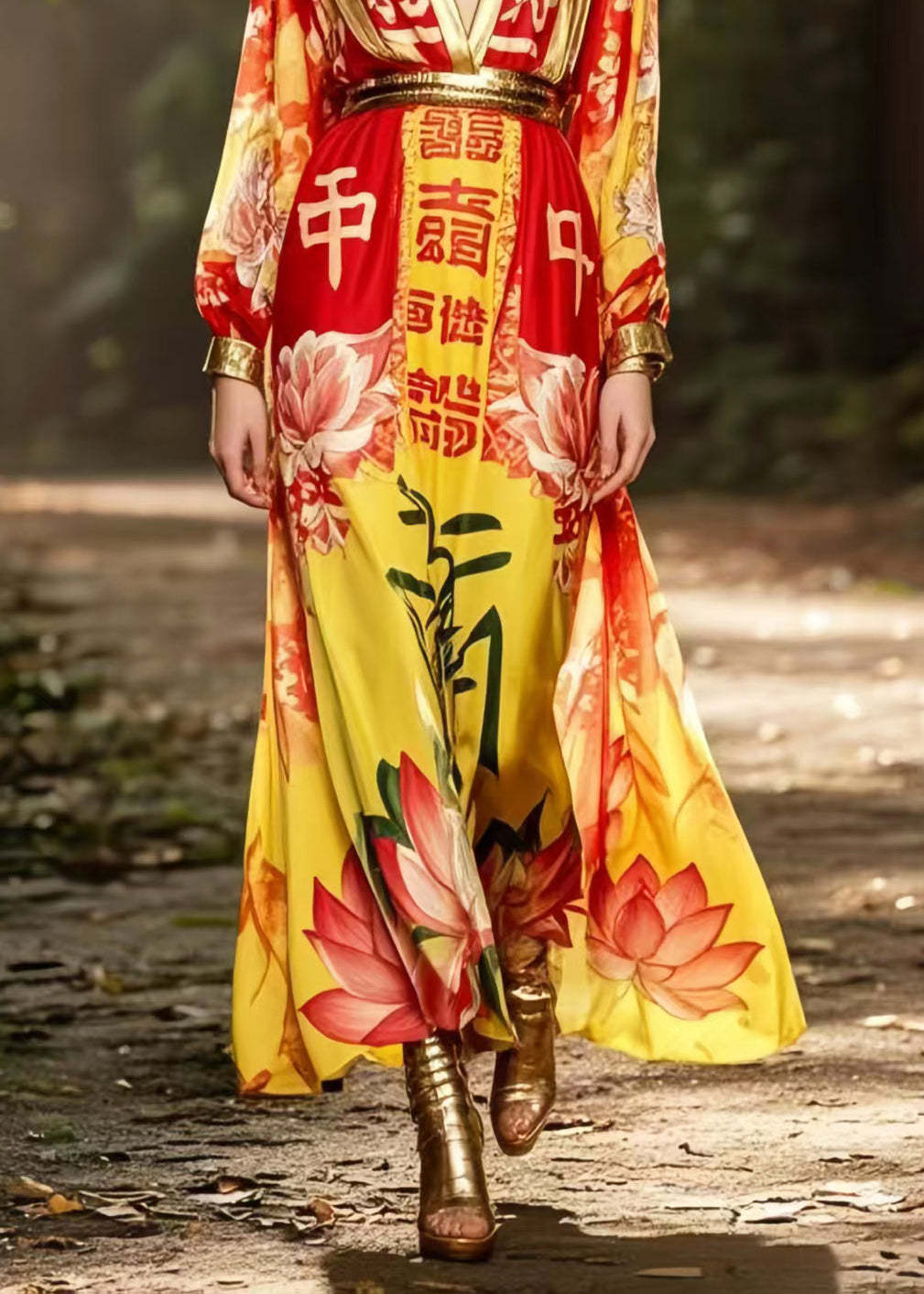 Bohemian Red Cinched Print Chiffon Holiday Dress Spring