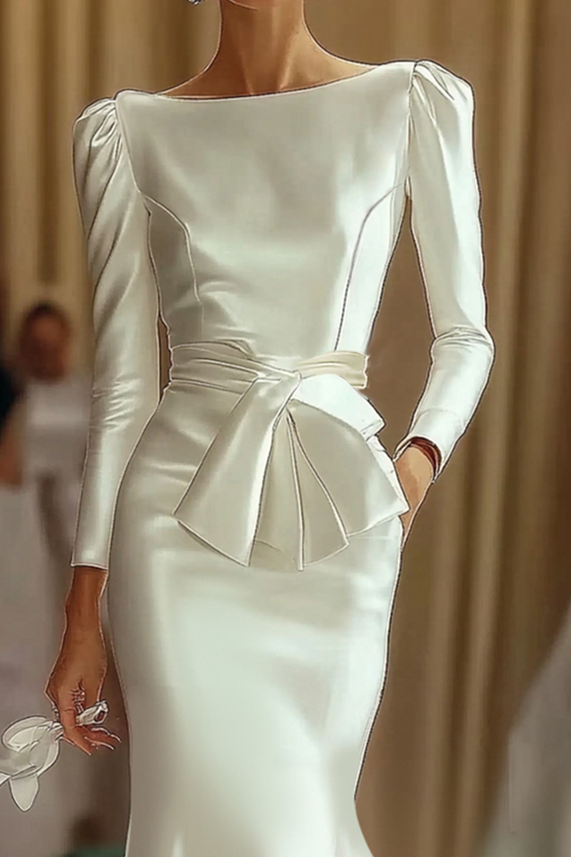 White Satin Dress Wedding Guest Bow Knot Mermaid Maxi Dress
