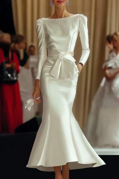 White Satin Dress Wedding Guest Bow Knot Mermaid Maxi Dress