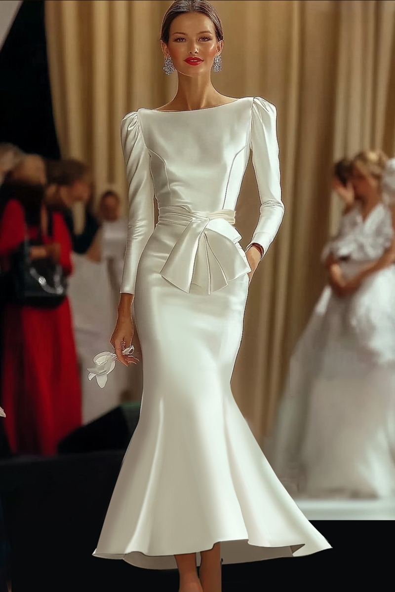 White Satin Dress Wedding Guest Bow Knot Mermaid Maxi Dress
