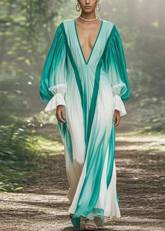 Chic Gradient Color V Neck Original Design Chiffon Long Dresses Flare 