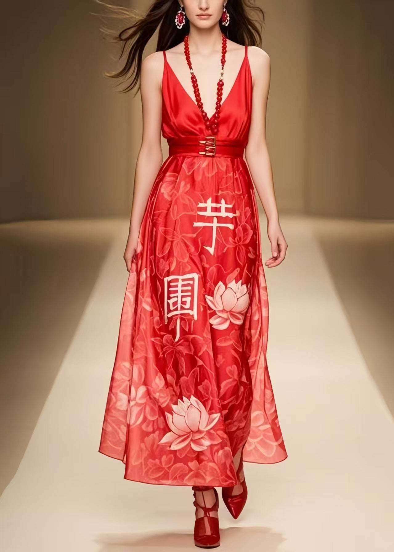 Classy Red Cinched Print Chiffon Party Dress Summer