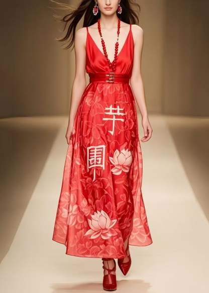 Classy Red Cinched Print Chiffon Party Dress Summer