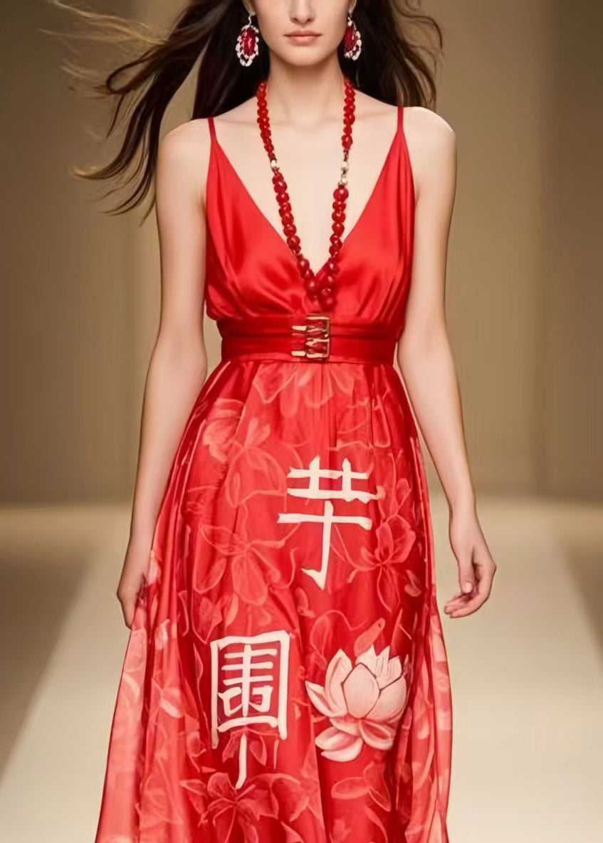 Classy Red Cinched Print Chiffon Party Dress Summer