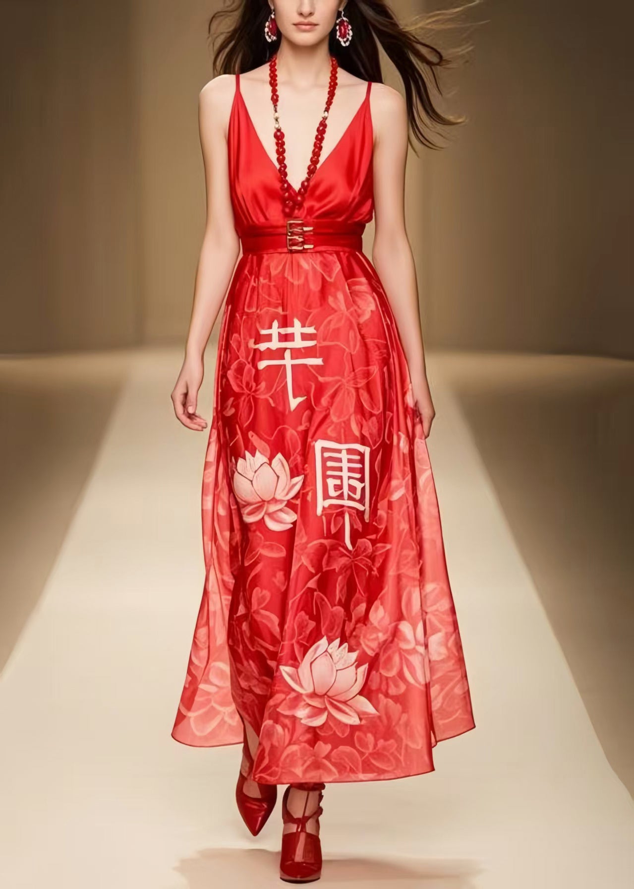 Classy Red Cinched Print Chiffon Party Dress Summer