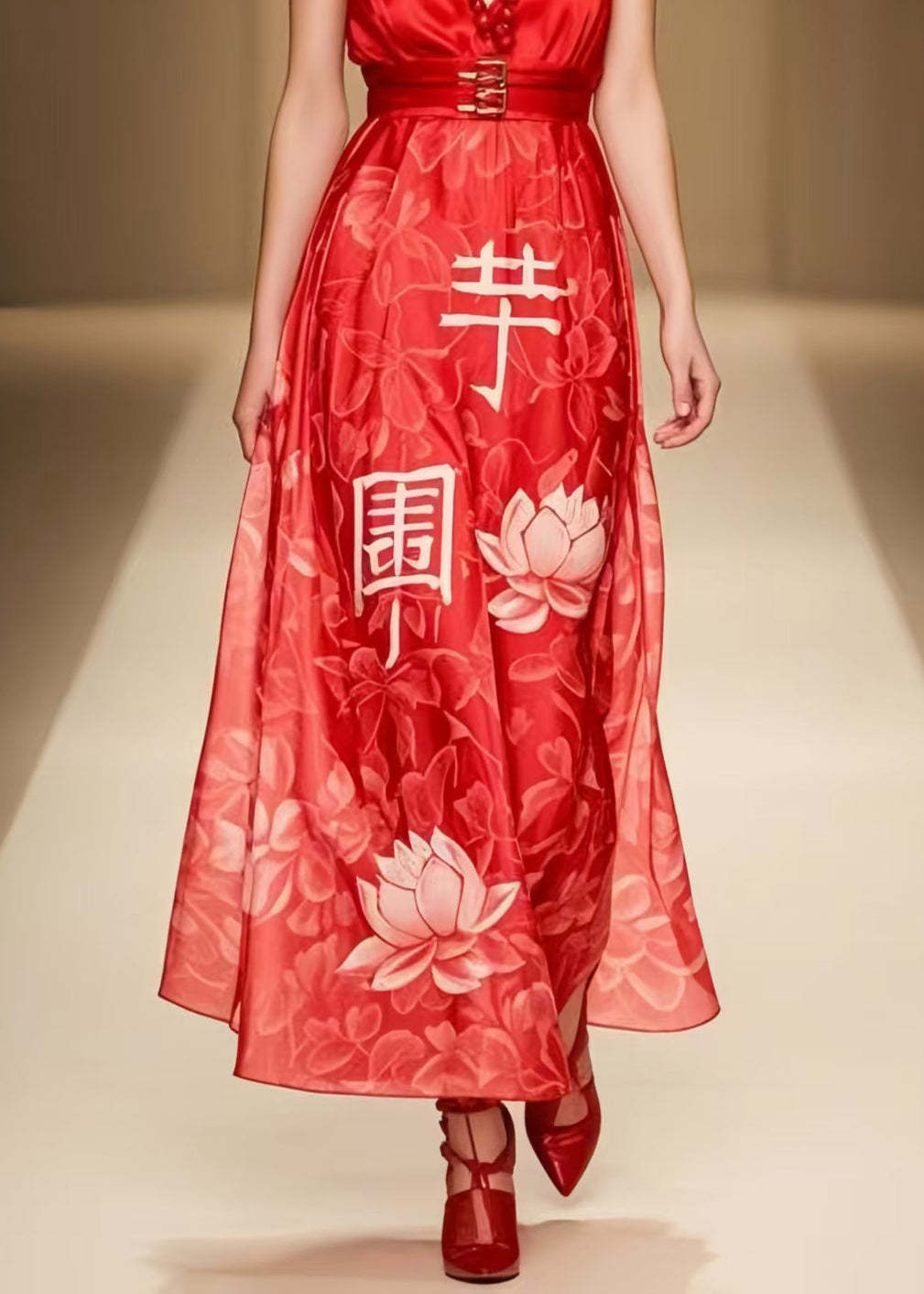 Classy Red Cinched Print Chiffon Party Dress Summer