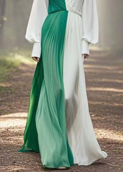 Elegant Asymmetrical Wrinkled Patchwork Chiffon Long Dress Spring