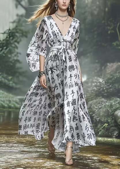 Elegant Silvery Cinched Print Silk Vacation Dress Spring