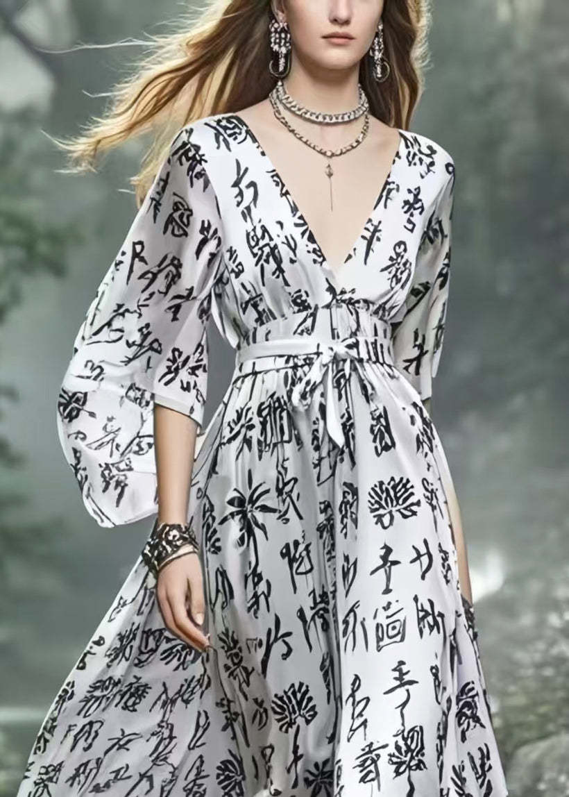 Elegant Silvery Cinched Print Silk Vacation Dress Spring