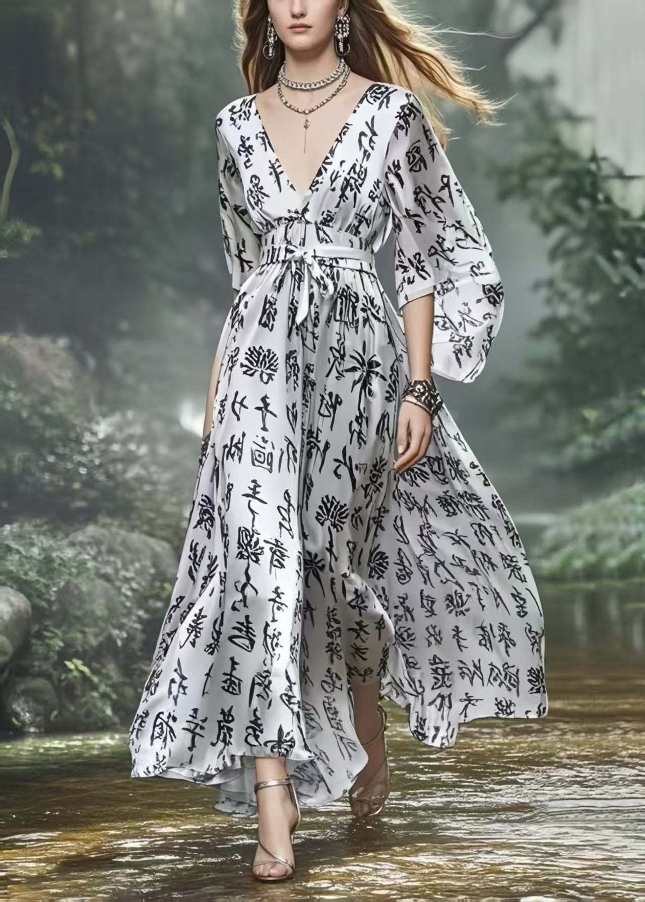 Elegant Silvery Cinched Print Silk Vacation Dress Spring