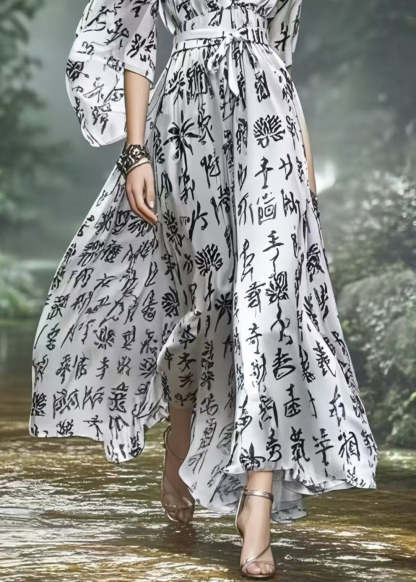 Elegant Silvery Cinched Print Silk Vacation Dress Spring