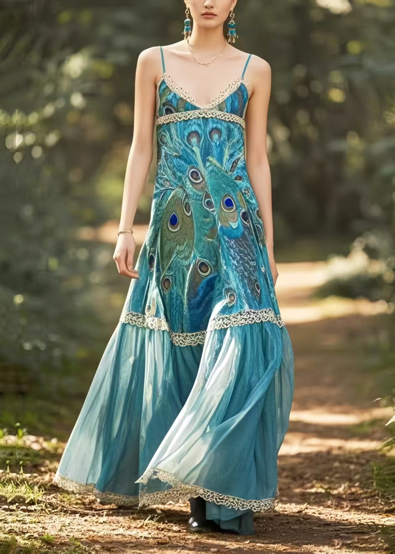 Ethnic Style Peacock Blue Print Chiffon Spaghetti Strap Dress Summer
