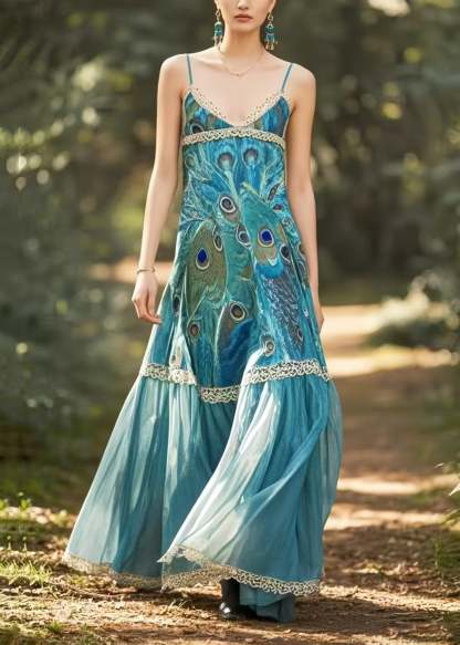 Ethnic Style Peacock Blue Print Chiffon Spaghetti Strap Dress Summer