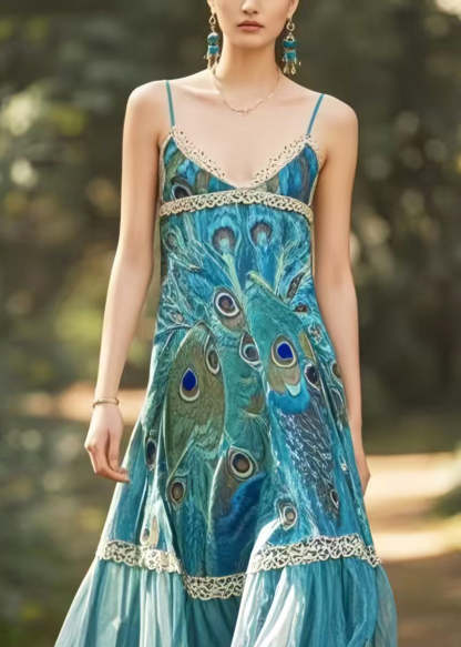 Ethnic Style Peacock Blue Print Chiffon Spaghetti Strap Dress Summer