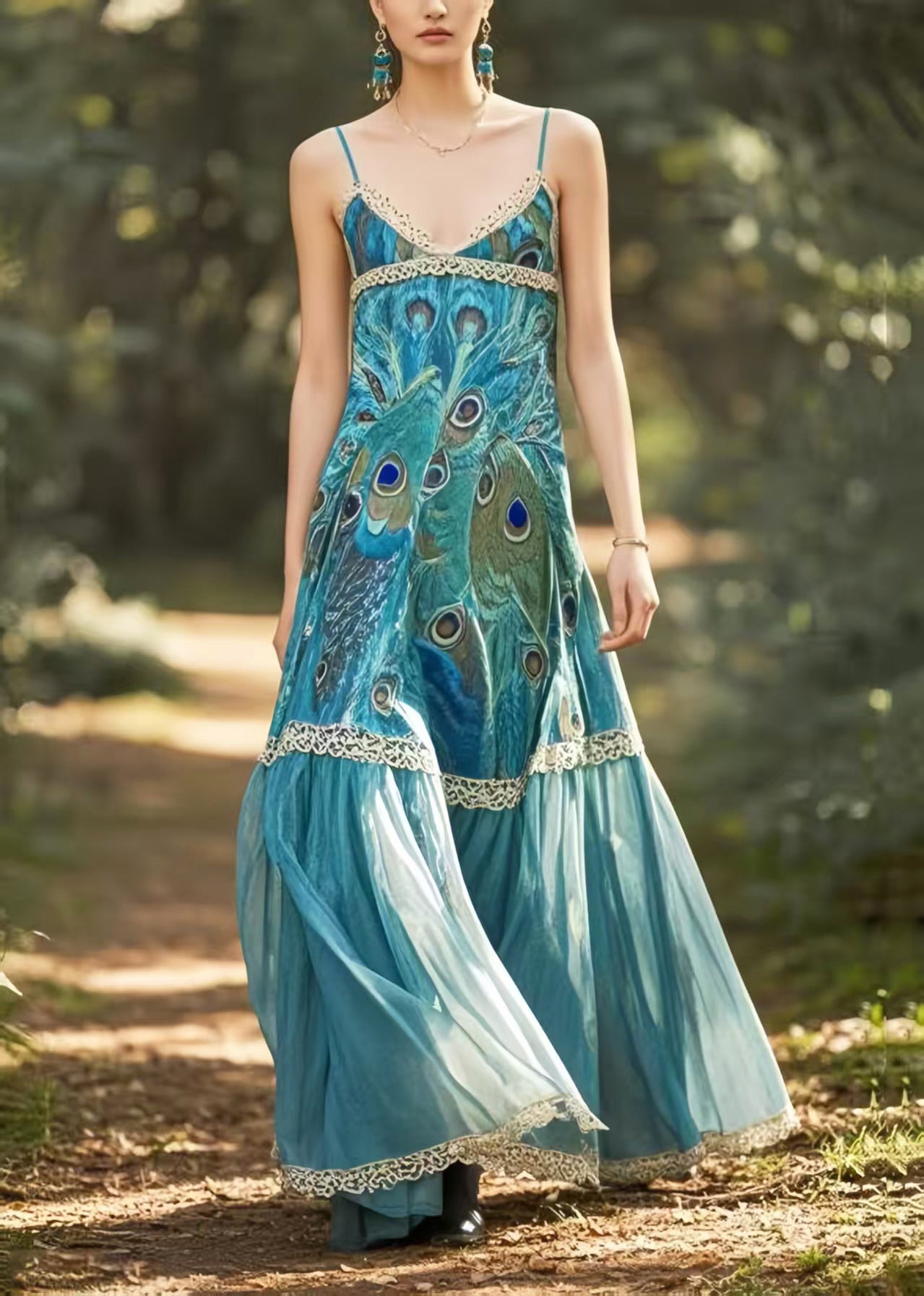 Ethnic Style Peacock Blue Print Chiffon Spaghetti Strap Dress Summer