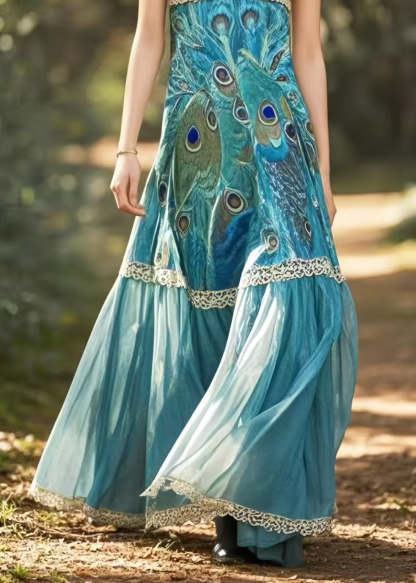 Ethnic Style Peacock Blue Print Chiffon Spaghetti Strap Dress Summer