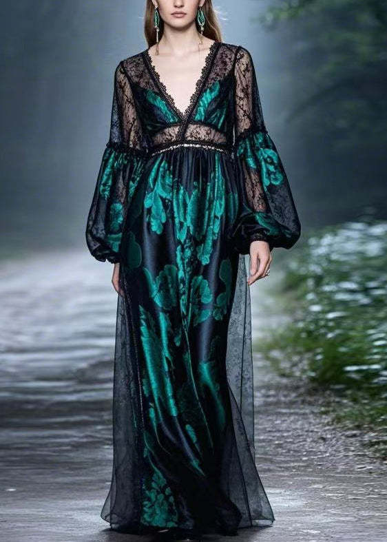 Fashion Sexy Black Lace Patchwork Silk Long Dresses Spring