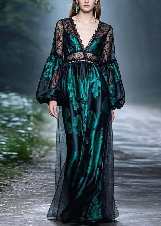 Fashion Sexy Black Lace Patchwork Silk Long Dresses Spring
