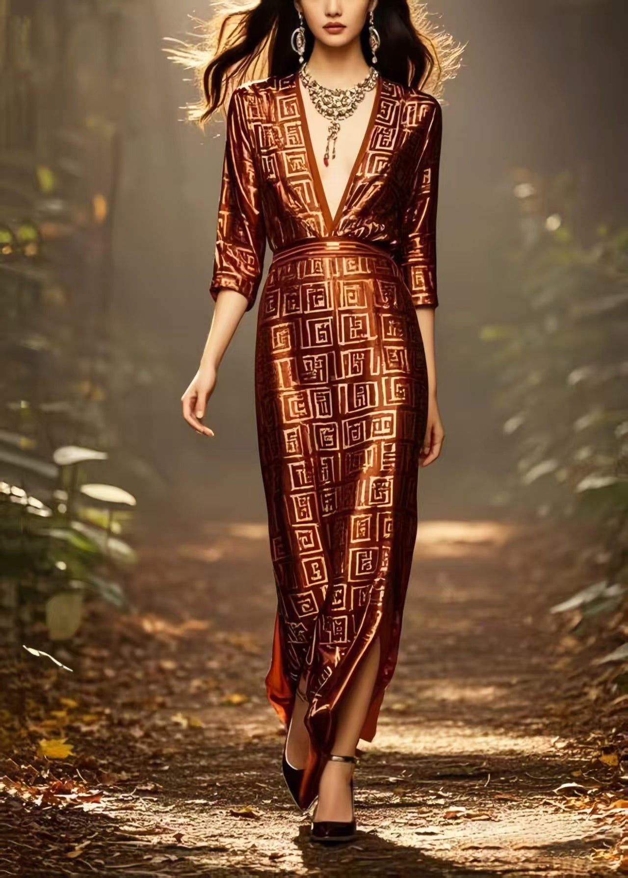 Fine Chocolate Deep-V Neck Print Draping Silk Dress Bracelet Sleeve