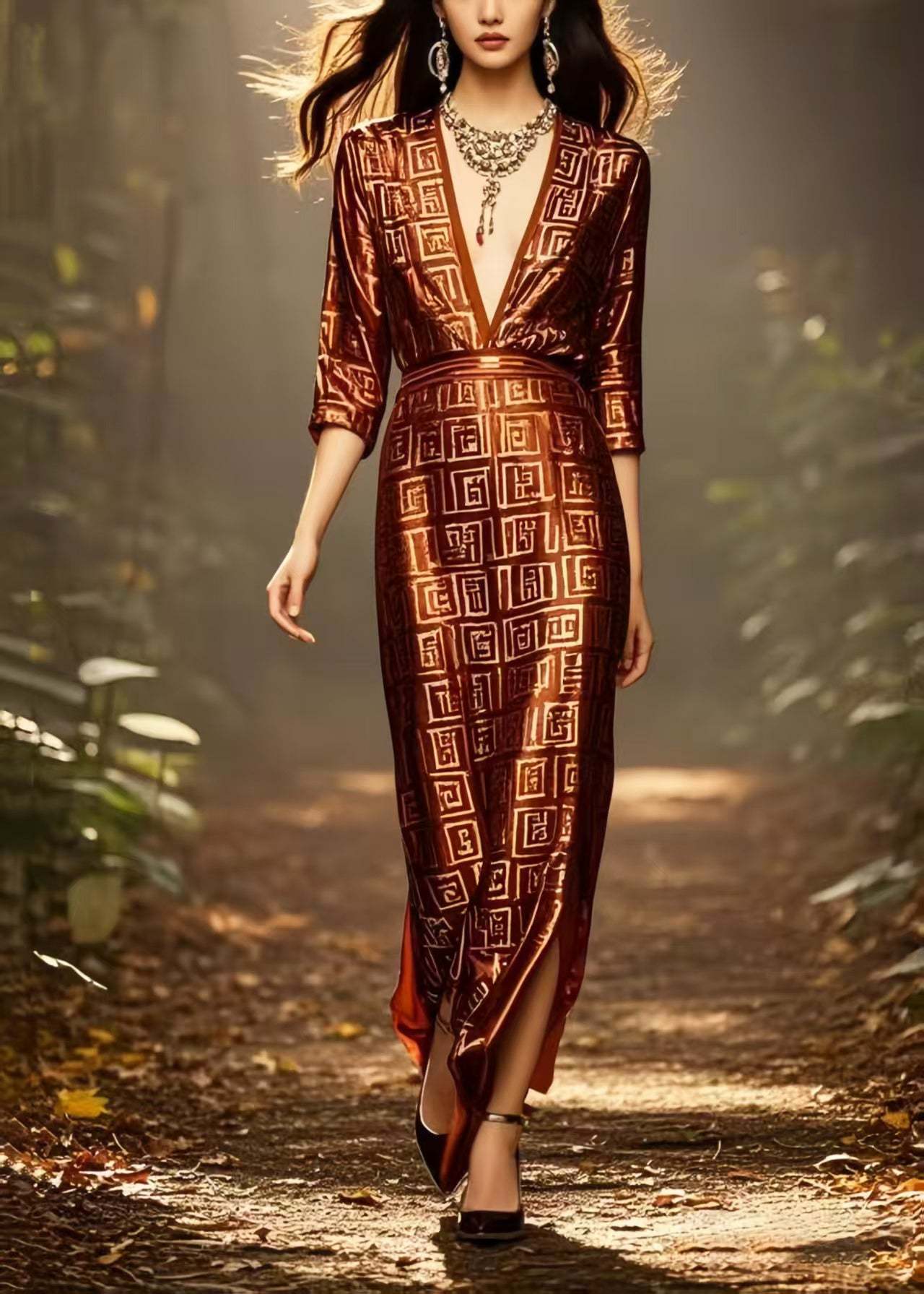 Fine Chocolate Deep-V Neck Print Draping Silk Dress Bracelet Sleeve