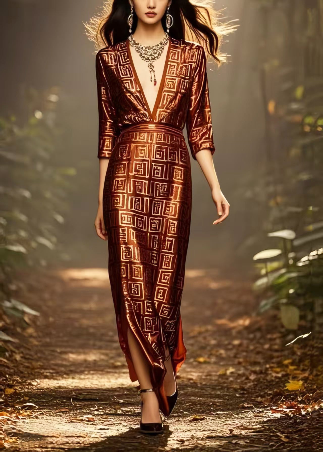 Fine Chocolate Deep-V Neck Print Draping Silk Dress Bracelet Sleeve