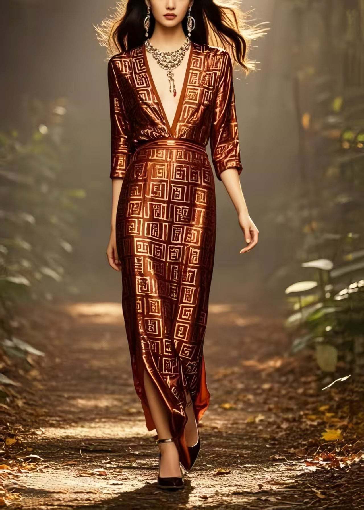 Fine Chocolate Deep-V Neck Print Draping Silk Dress Bracelet Sleeve