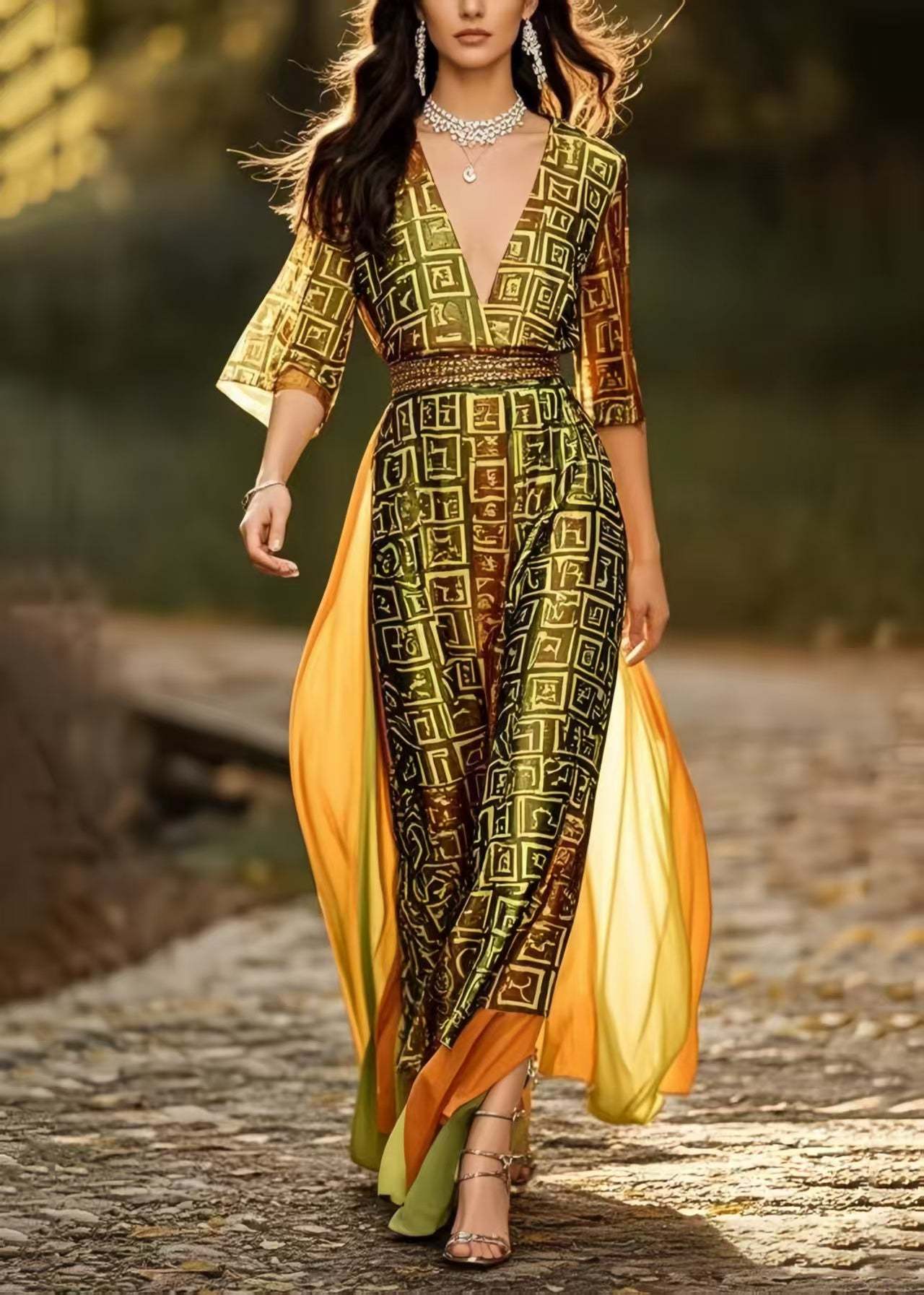 French Brown Print Patchwork Silk Cinched Dresses Summer