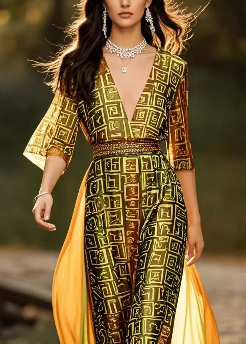 French Brown Print Patchwork Silk Cinched Dresses Summer