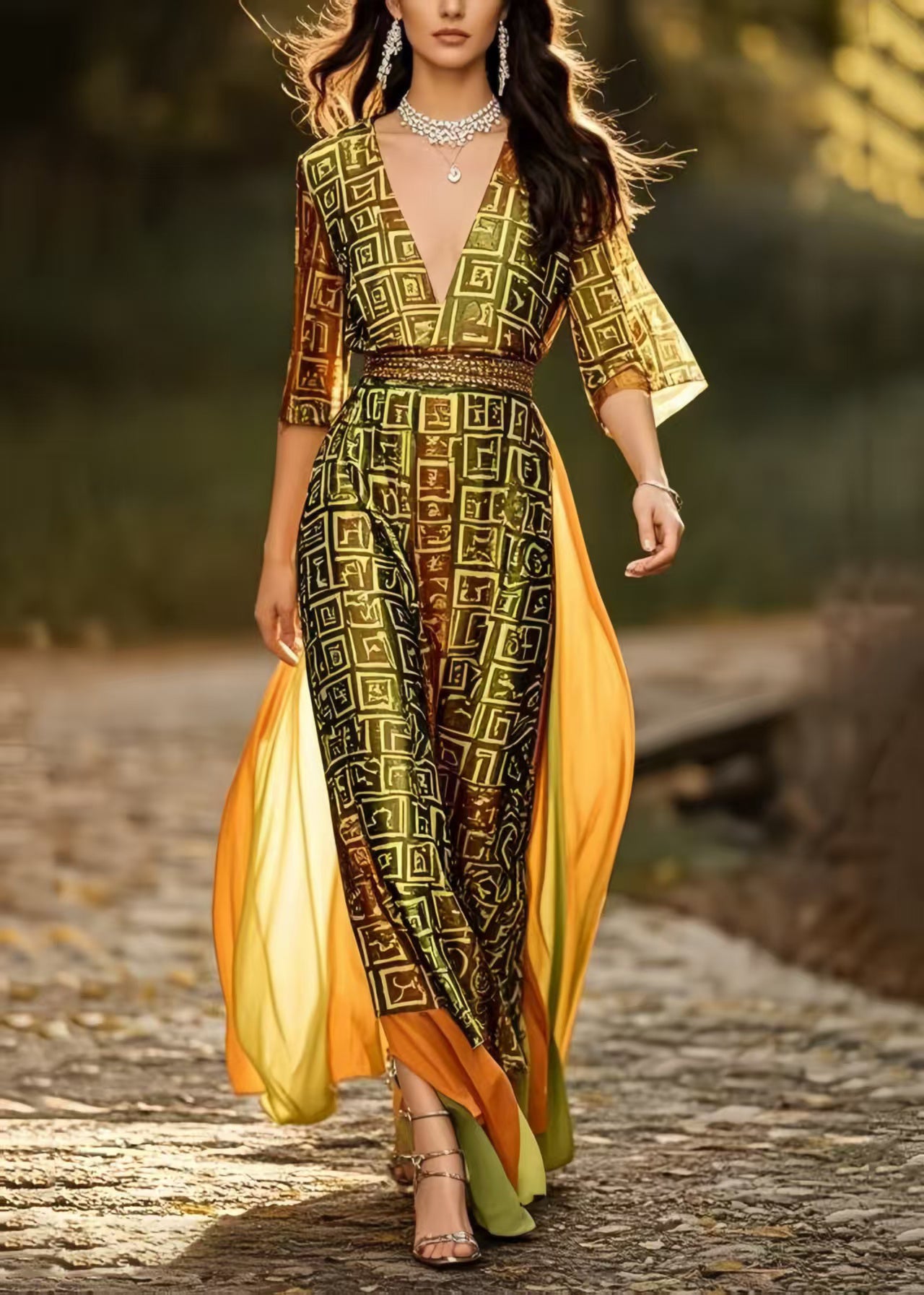 French Brown Print Patchwork Silk Cinched Dresses Summer