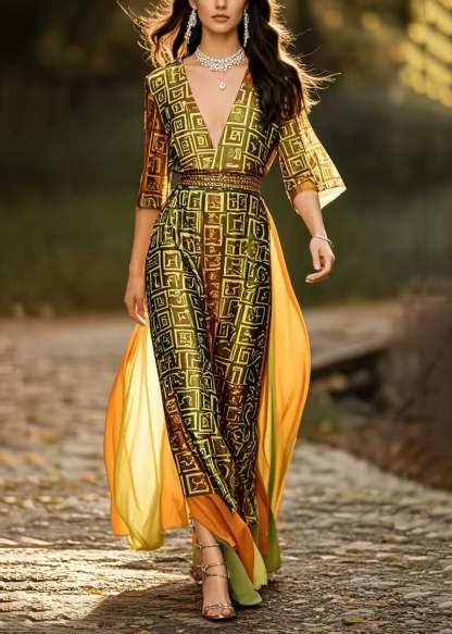 French Brown Print Patchwork Silk Cinched Dresses Summer