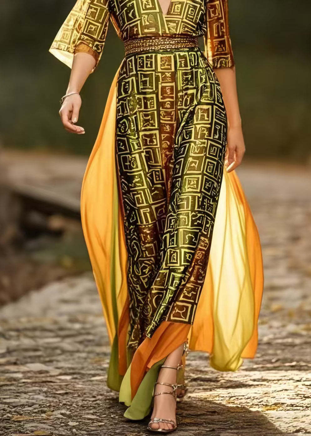 French Brown Print Patchwork Silk Cinched Dresses Summer