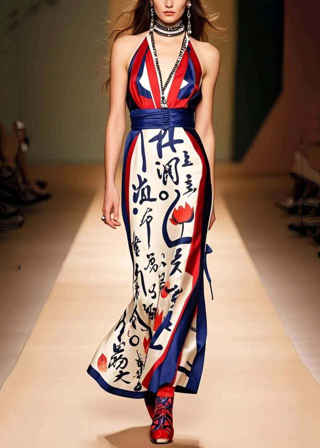 French Cold Shoulder Print Silk Halter Dress Summer