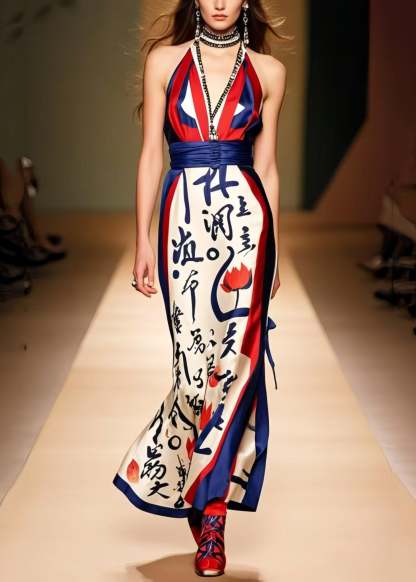 French Cold Shoulder Print Silk Halter Dress Summer