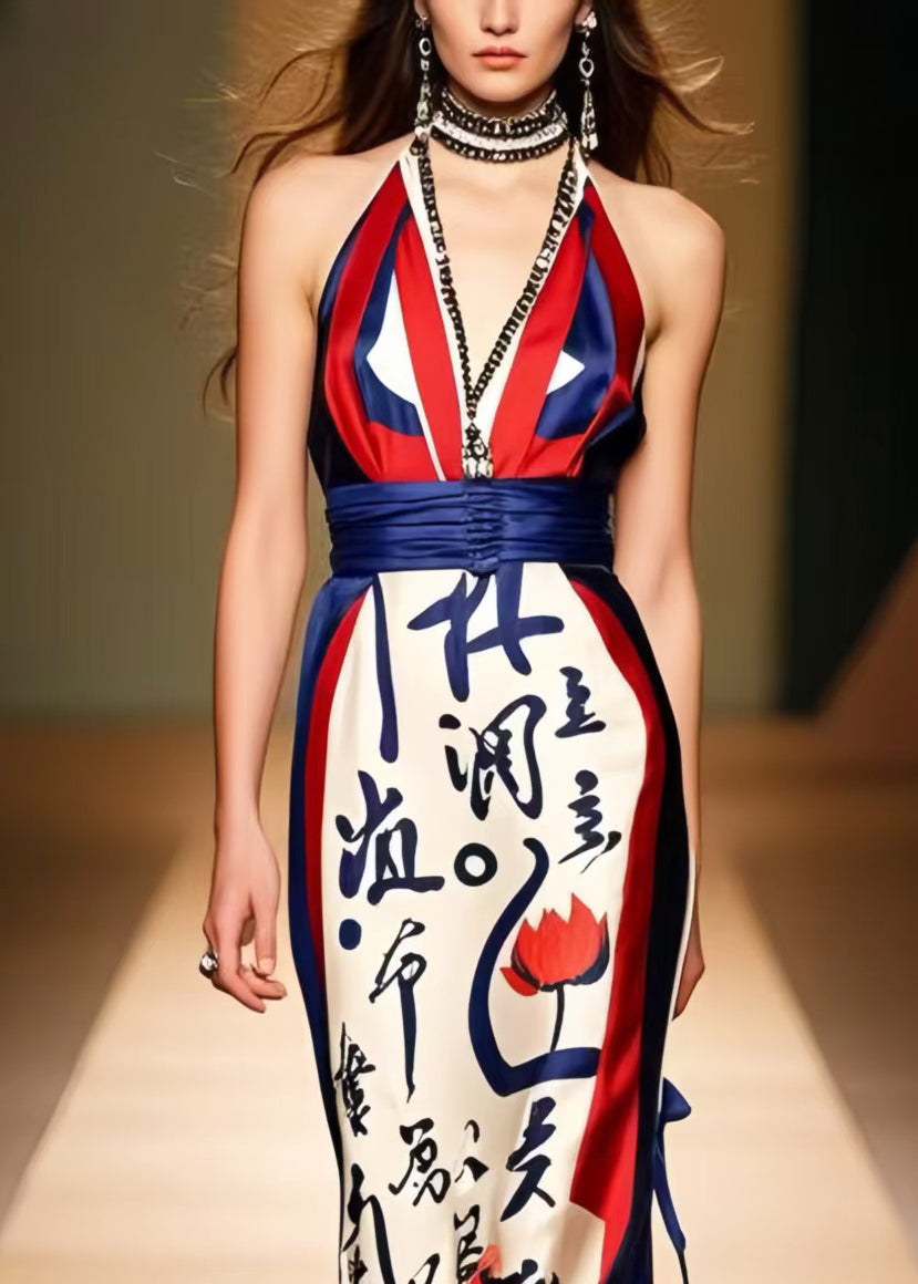 French Cold Shoulder Print Silk Halter Dress Summer