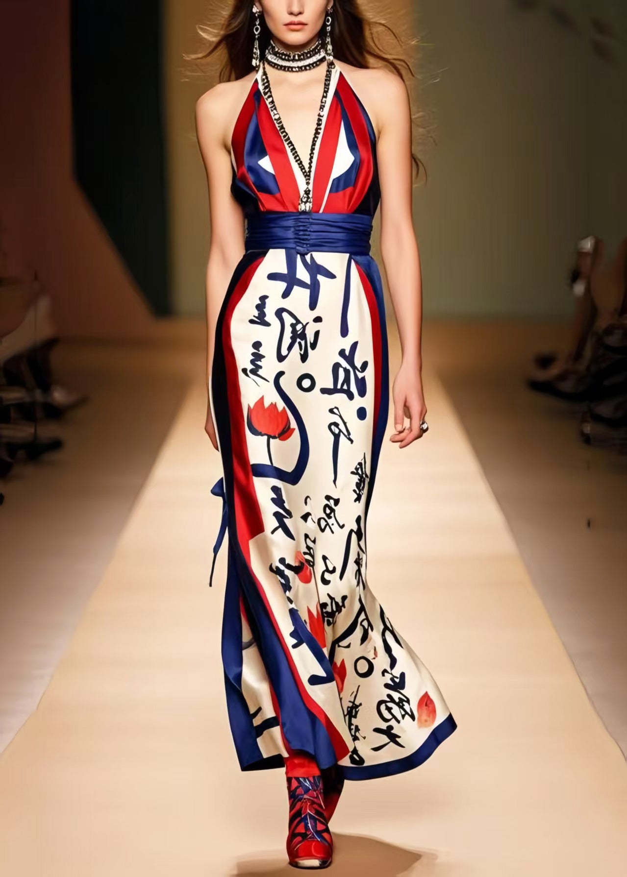 French Cold Shoulder Print Silk Halter Dress Summer