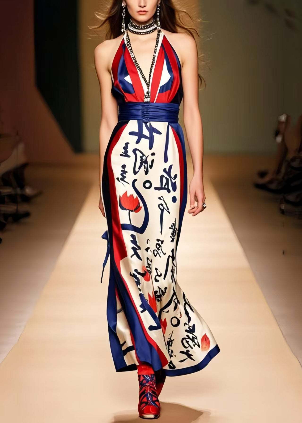 French Cold Shoulder Print Silk Halter Dress Summer