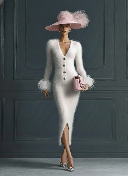 White Mohair V-neck Button Imitation Ostrich Feather Midi Dress