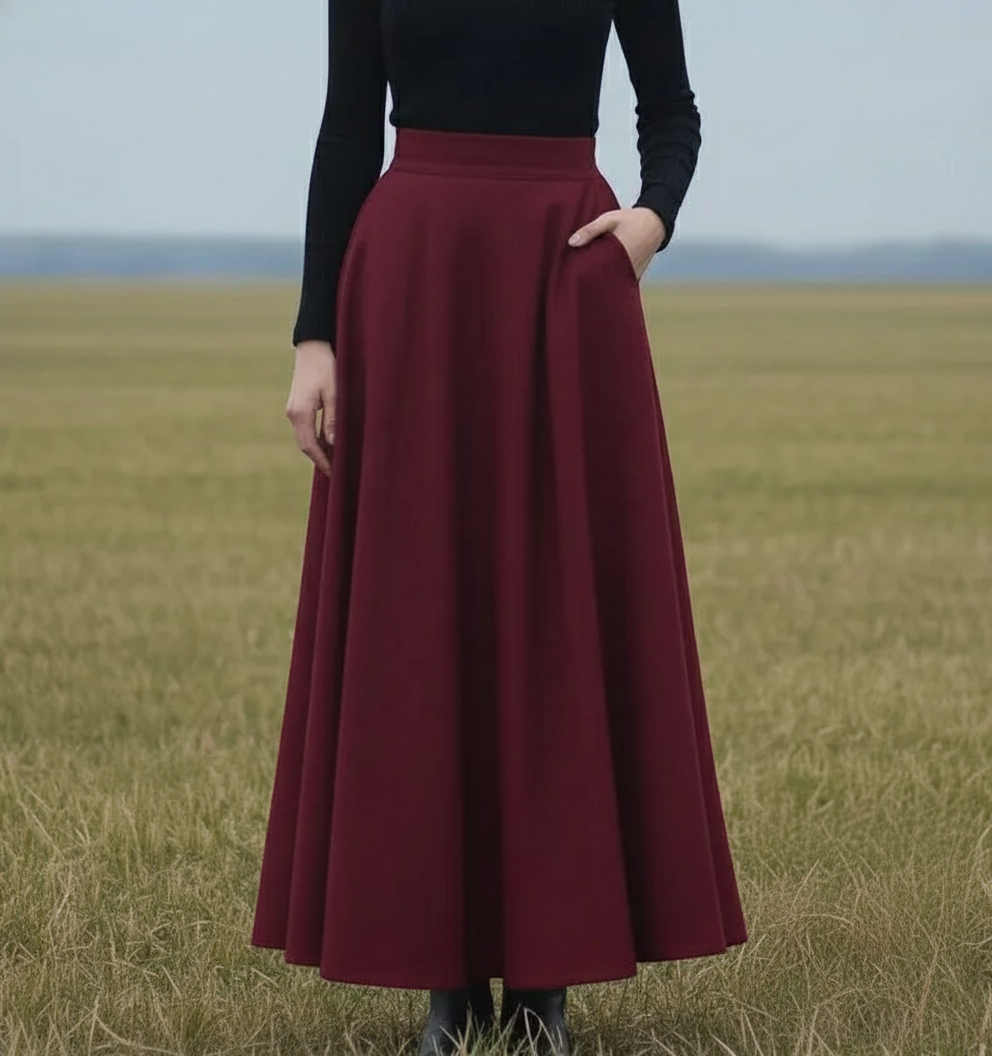 Stylish Burgundy High-Waist Pleated Skirt with Pockets for Women - Elegant Full-Length Fashionable Skirt for Casual or Formal Wear