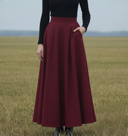 Stylish Burgundy High-Waist Pleated Skirt with Pockets for Women - Elegant Full-Length Fashionable Skirt for Casual or Formal Wear
