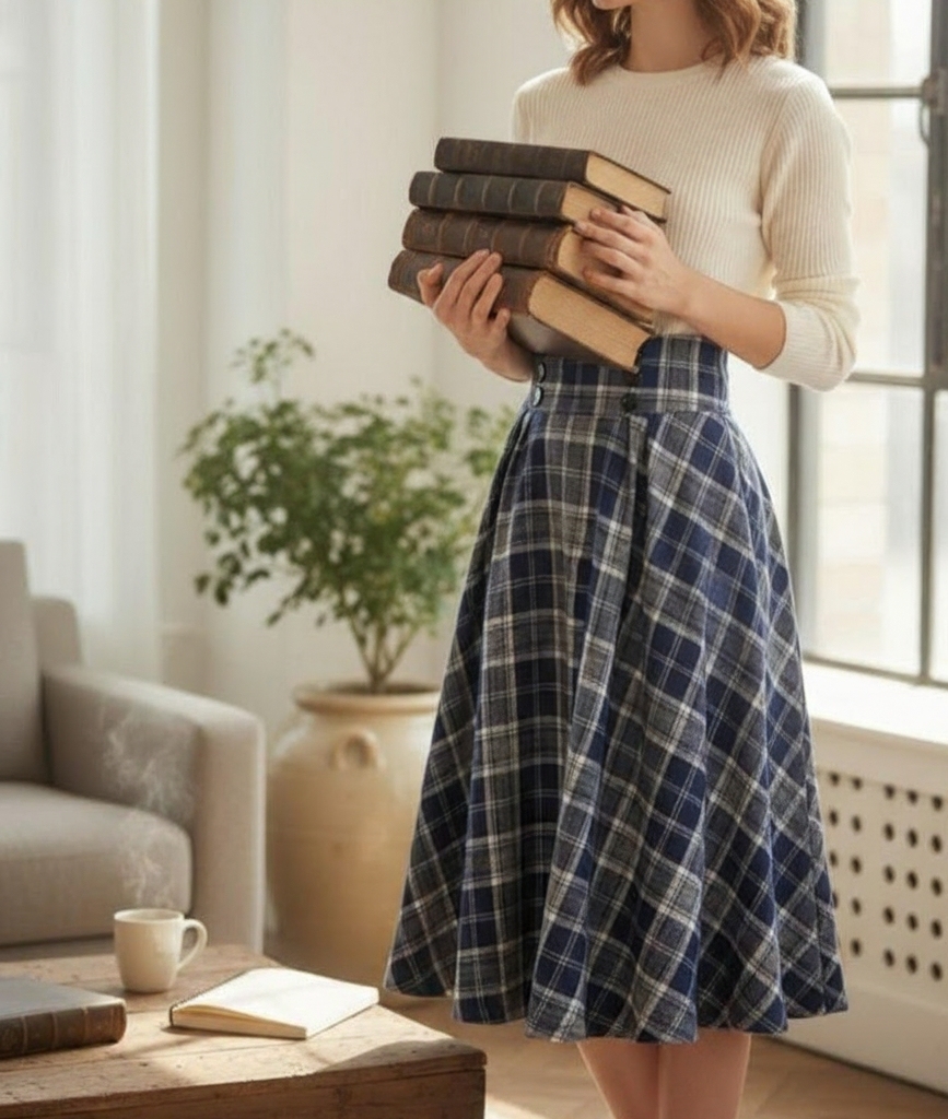 Handmade Plaid Midi Skirt: High Waisted Button Waist Cottagecore Skirt
