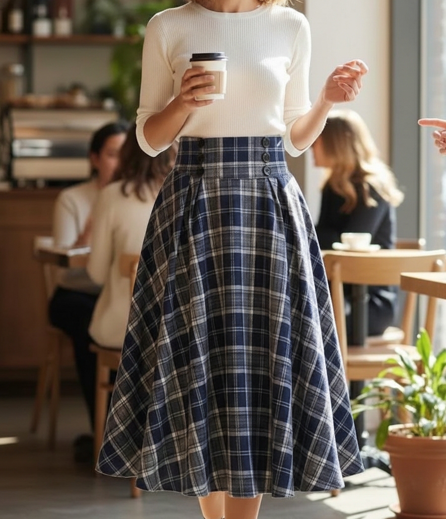 Handmade Plaid Midi Skirt: High Waisted Button Waist Cottagecore Skirt