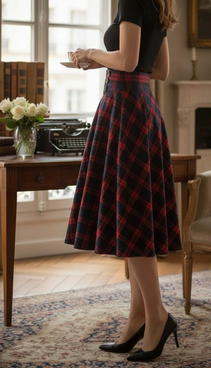 Handmade Plaid Midi Skirt: High Waisted Button Waist Cottagecore Skirt