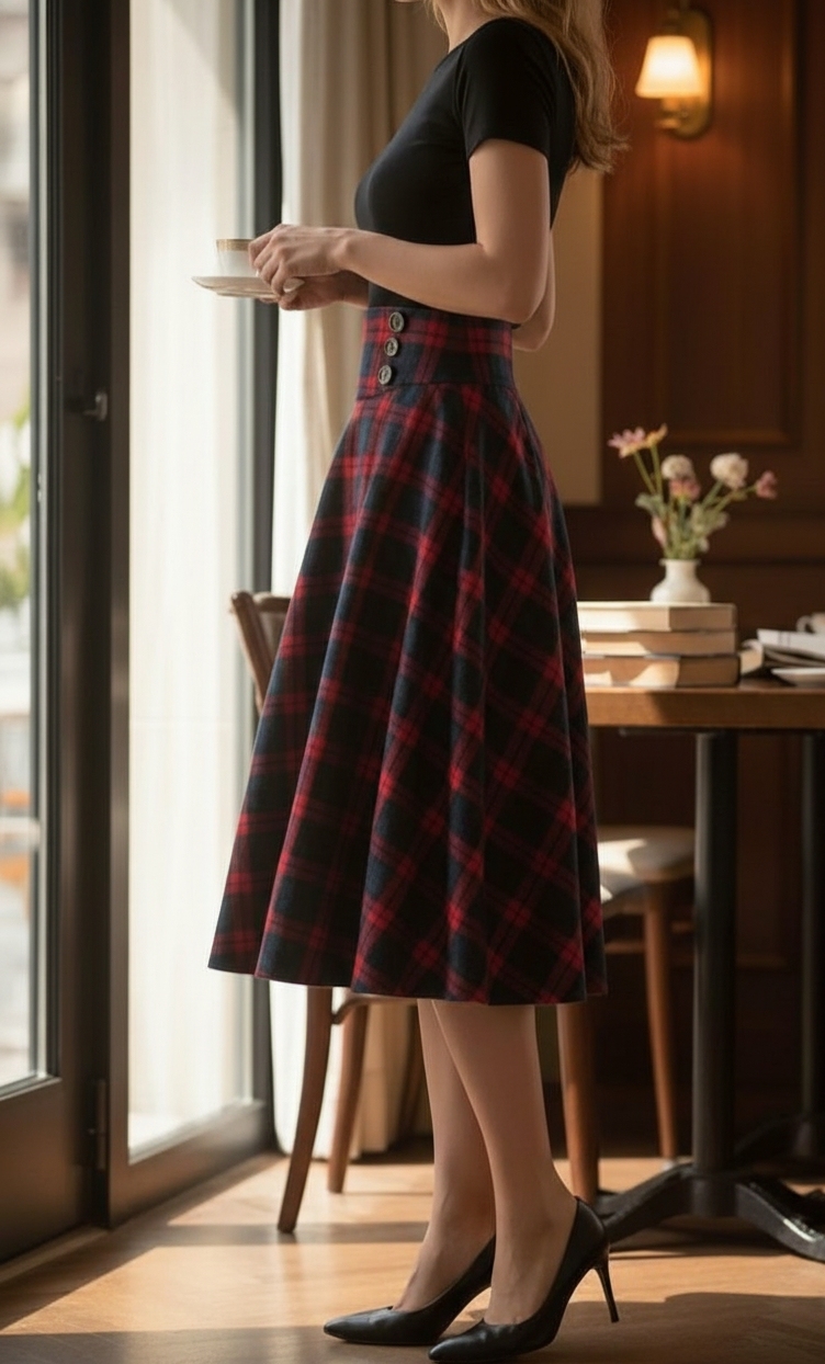 Handmade Plaid Midi Skirt: High Waisted Button Waist Cottagecore Skirt
