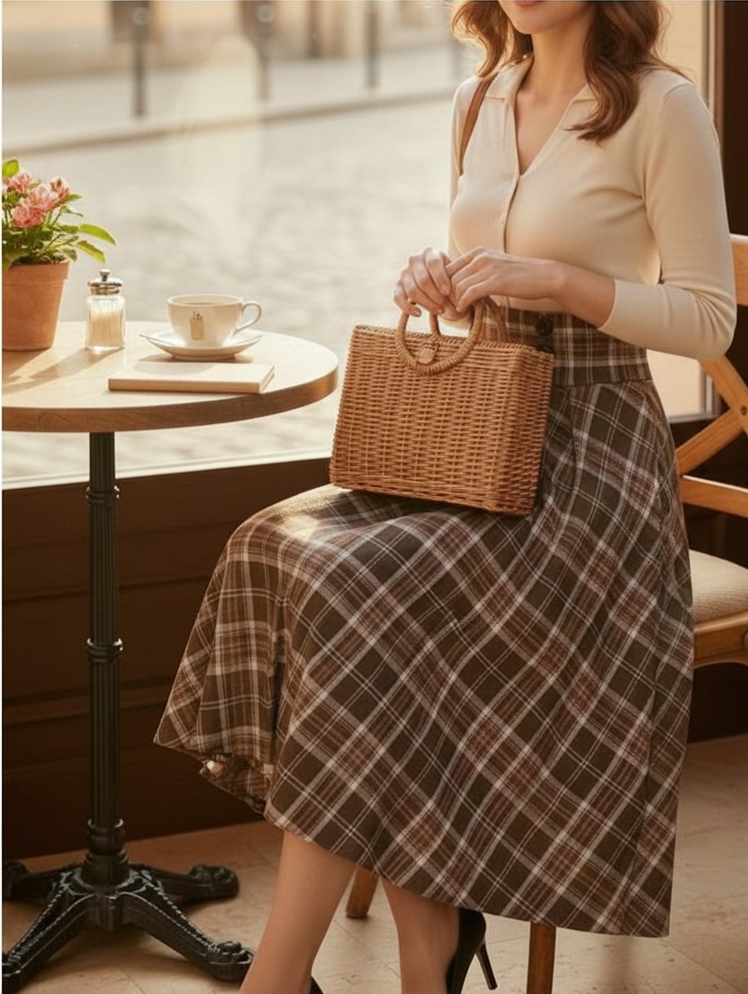 Handmade Plaid Midi Skirt: High Waisted Button Waist Cottagecore Skirt
